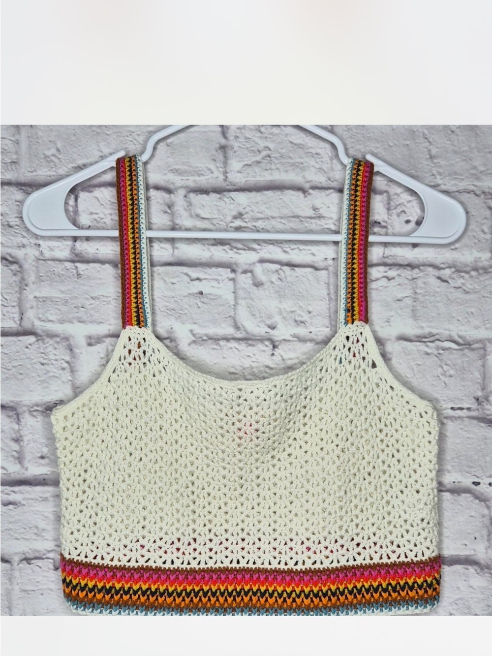 Marine layer White Crochet Tank Top with Multicolor Striped Trim size large